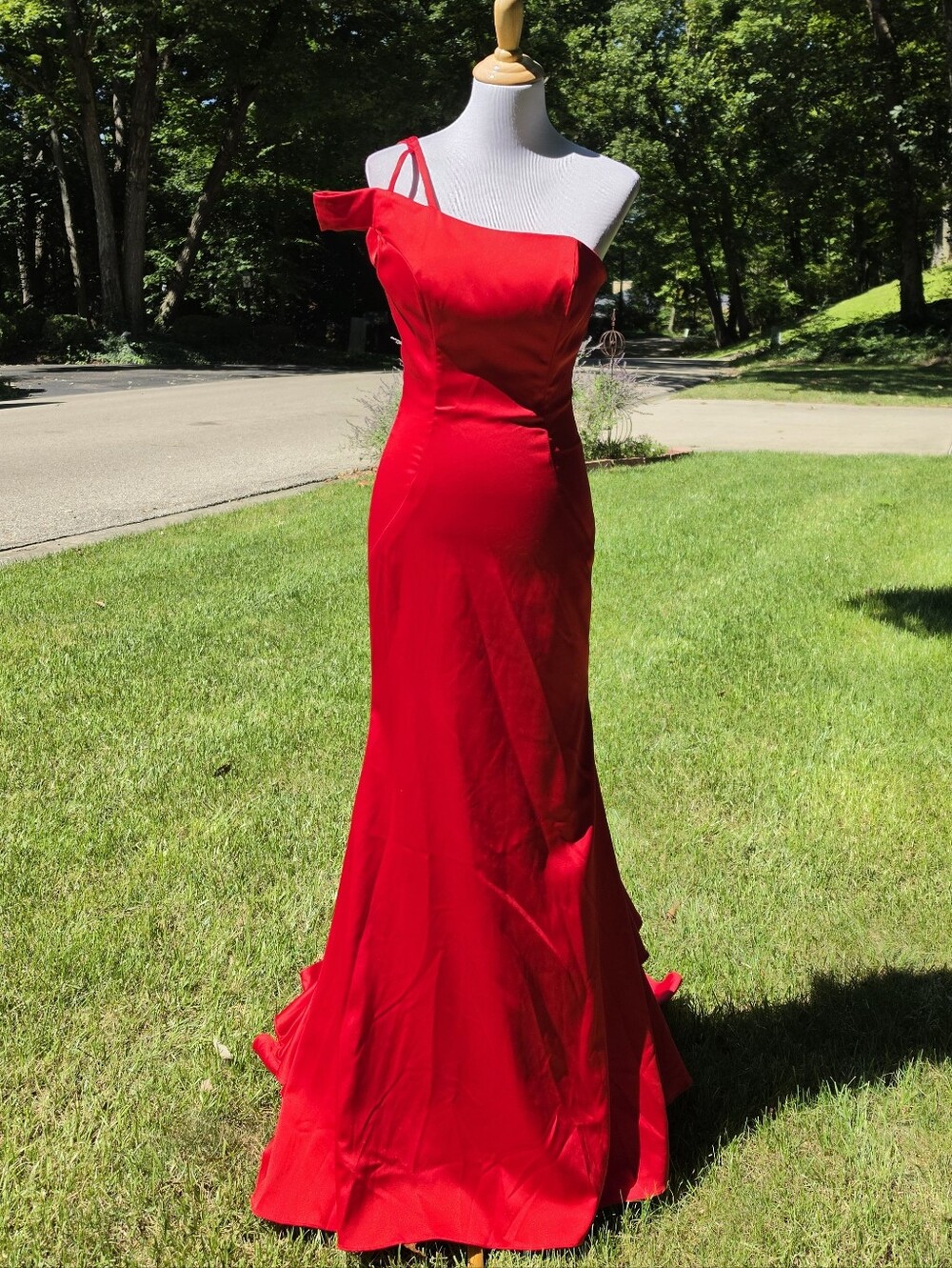 Rachel Allan Red One-Shoulder Evening Gown with Double Strap